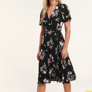 Jet Set For Sun Black Tropical Print Wrap Midi Dress
